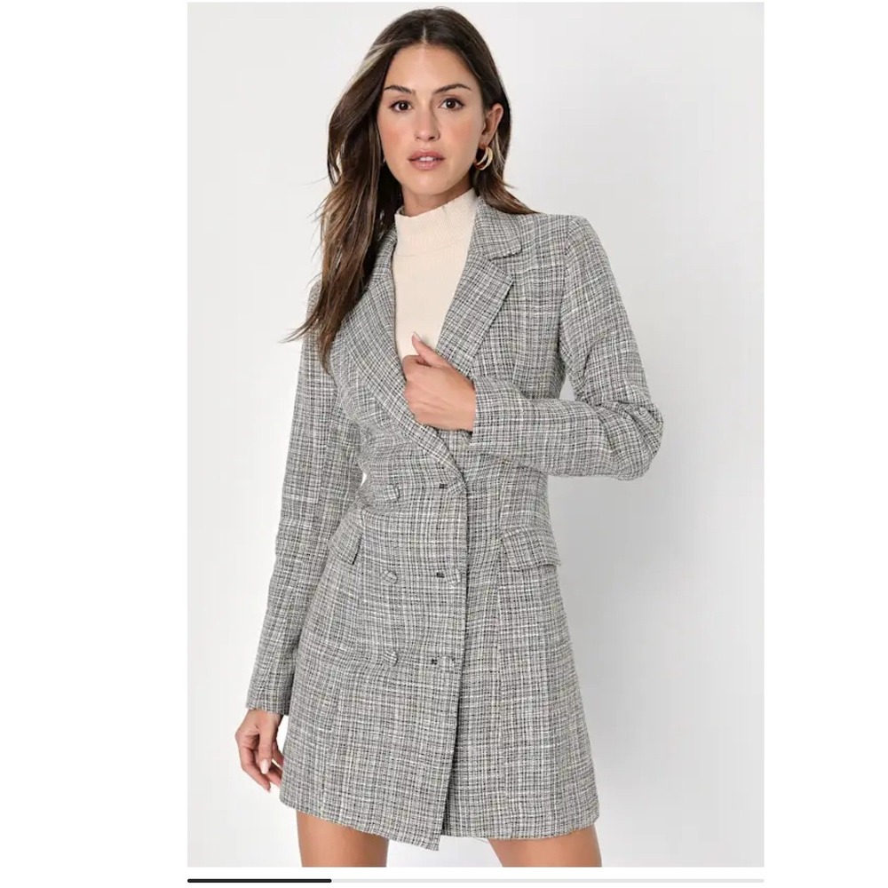 Lulus Deluxe Desire Grey Tweed Long Sleeve Blazer Mini Dress Wool Blend Size L